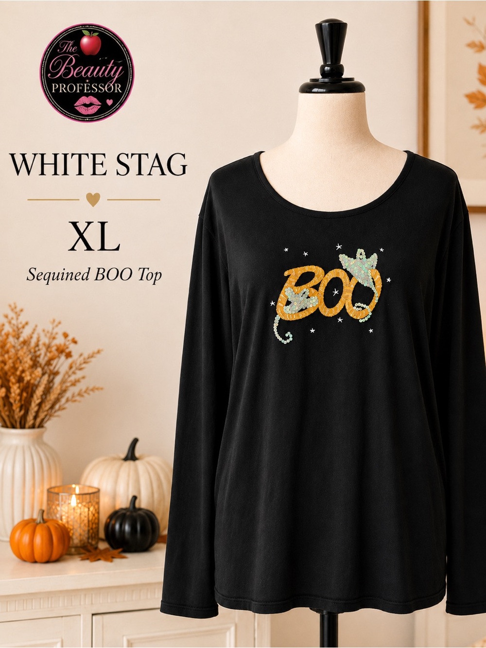 💕 White Stag XL Black Halloween BOO Sequin Ghost Long Sleeve Top